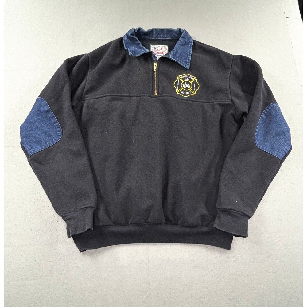 Vintage 80s Game Workwear Fire Intervention Team 1/4 Zip Jean Collar Elbow Patch